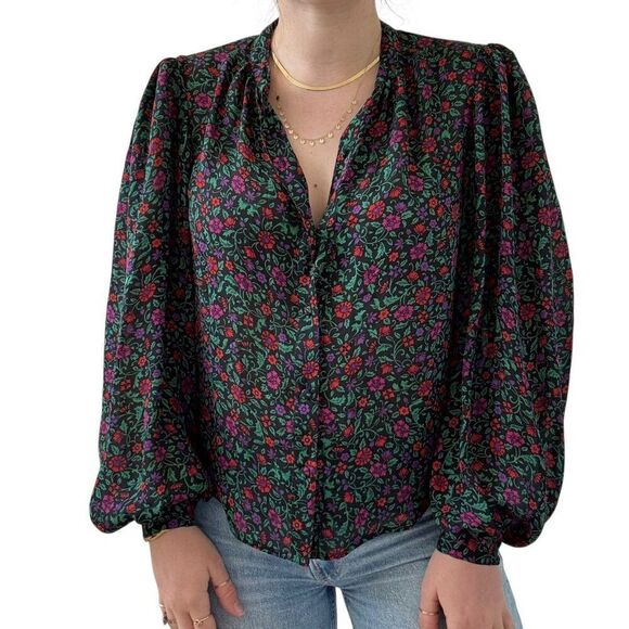 Veronica Beard Ashlynn Blouse Black Pink Floral 100% Silk Sheer Sz 2 - Picture 3 of 8